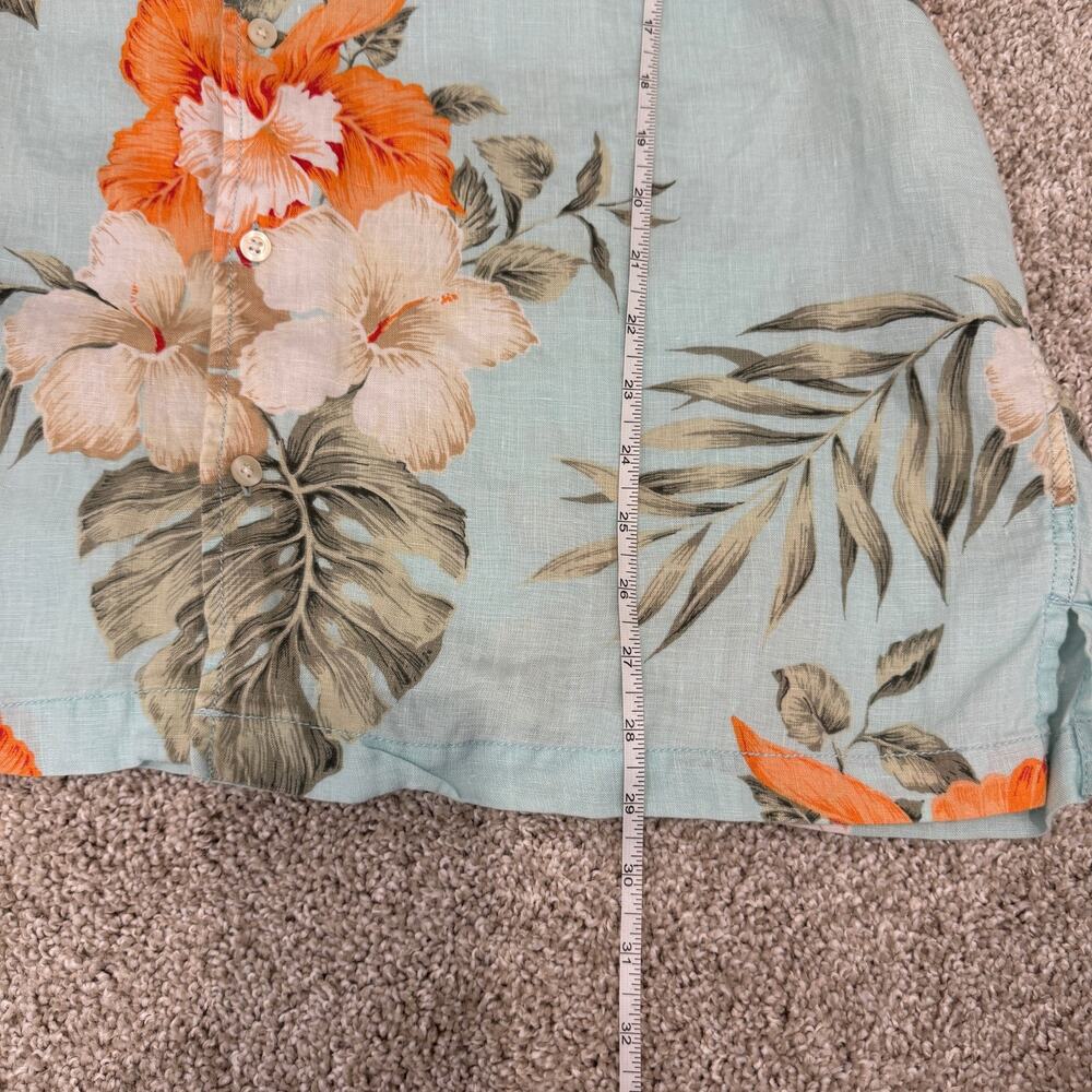 Caribbean Men’s Linen Hawaiian Shirt Large Aqua Blue Floral Tropical Camp - Picture 9 of 10